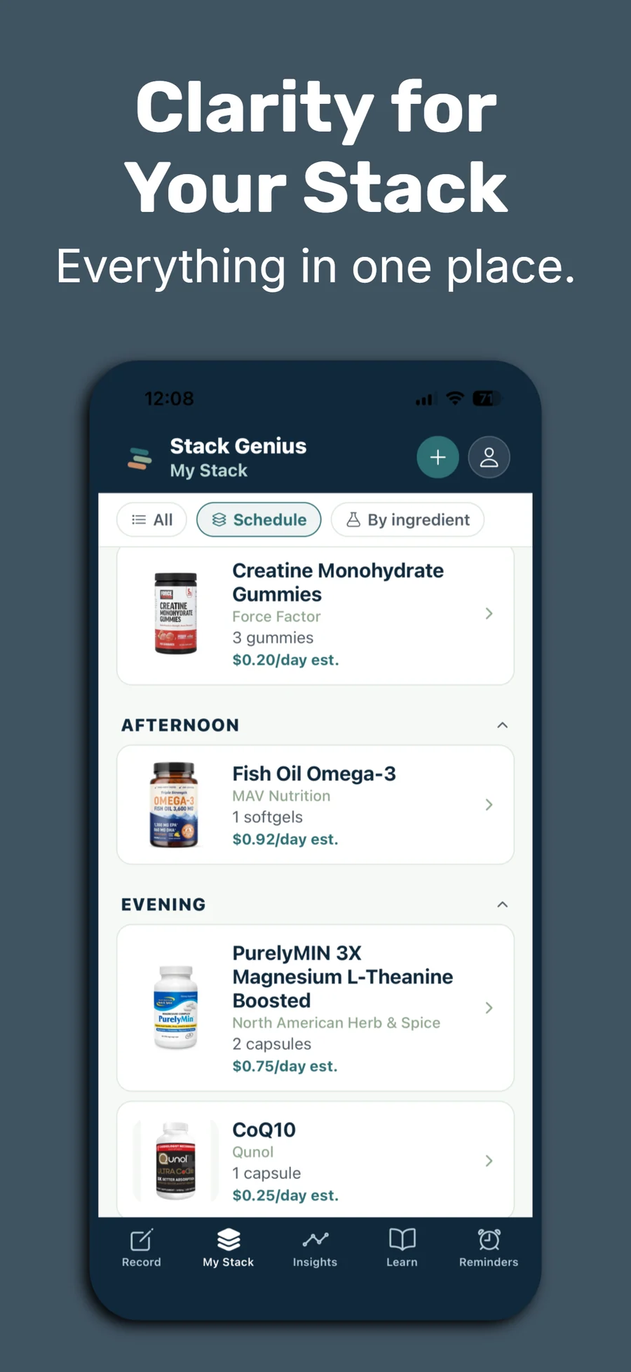 Stack Genius app screenshot showing a supplement routine organized by schedule.