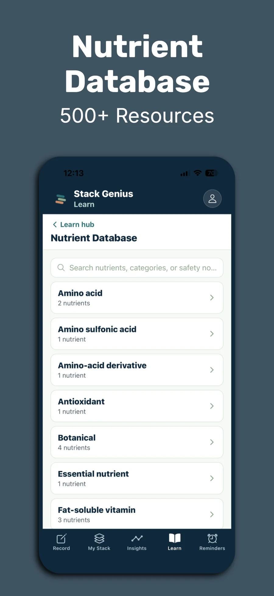 Stack Genius nutrient database screenshot with ingredient categories.