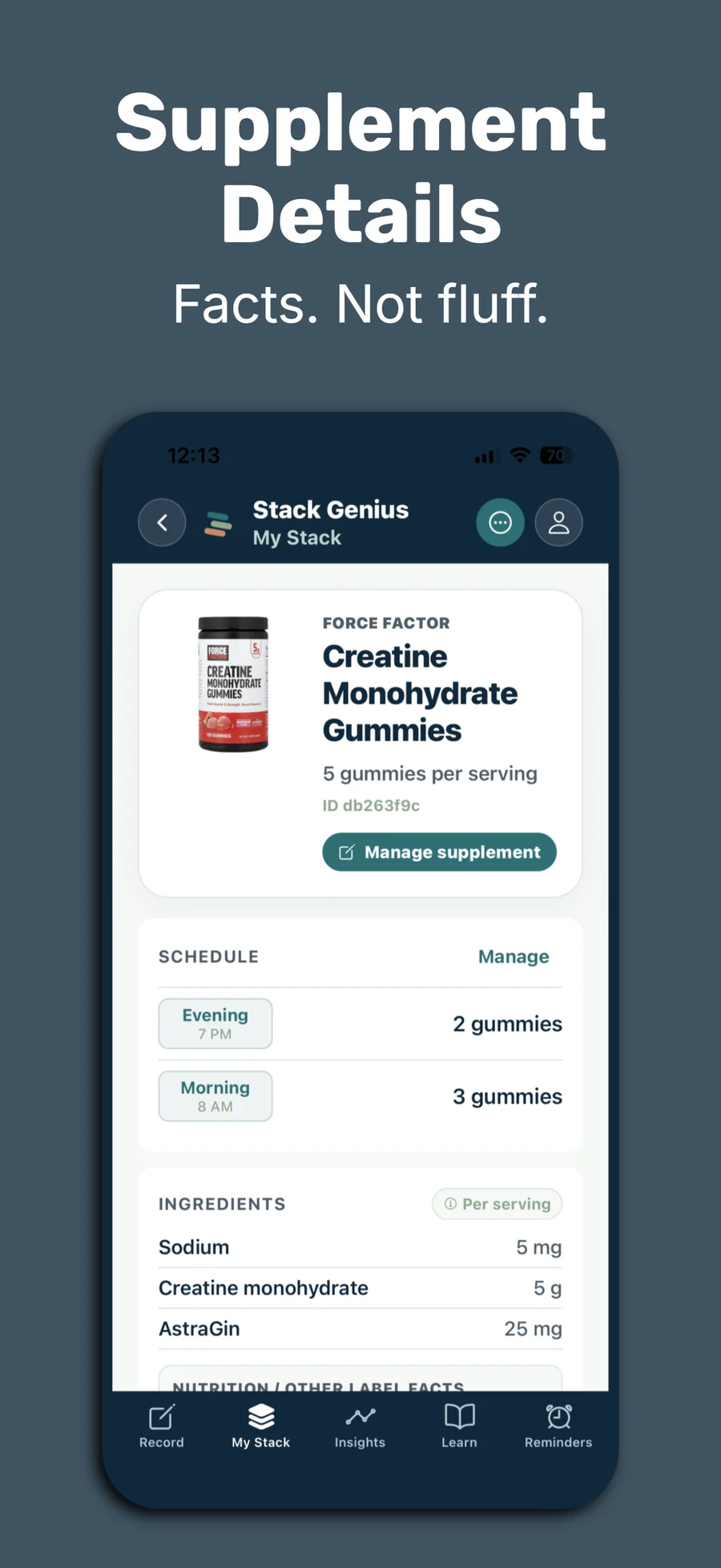 Stack Genius supplement detail screenshot with product facts, schedule, and ingredients.